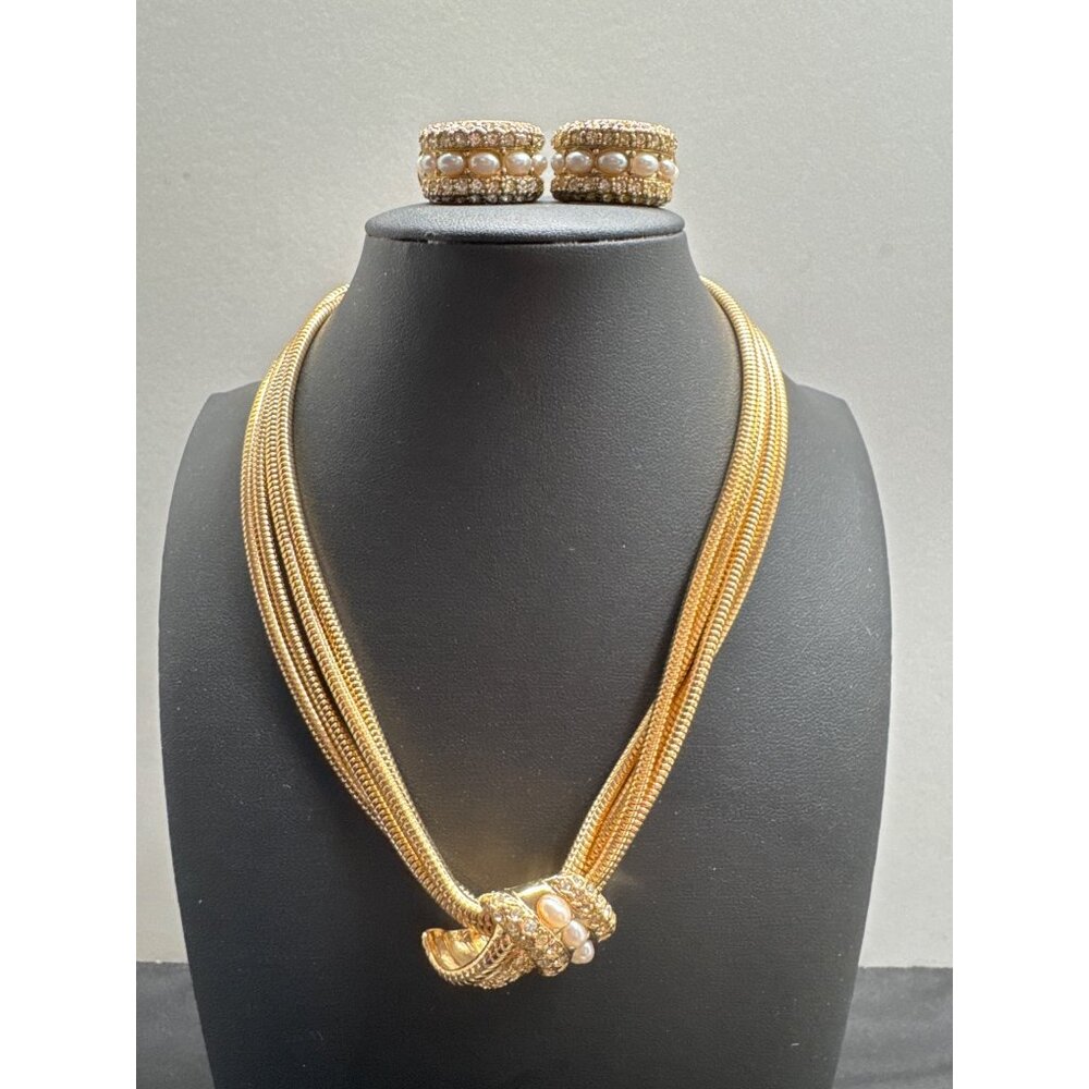 Jewels By Park Lane Gold-Tone Necklace & Clip-On Earrings Set Pearls & Rhineston